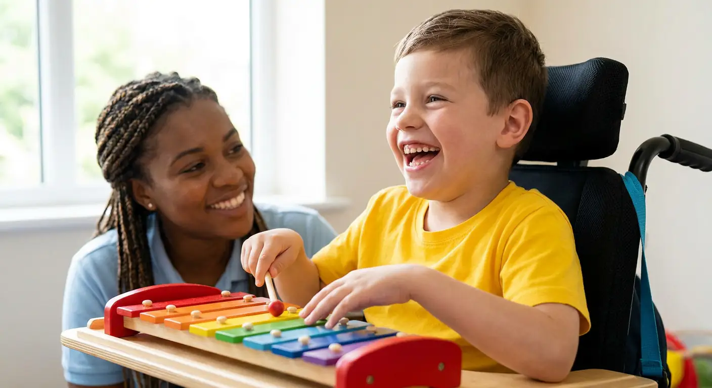Child using a wheelchair playing a colourful musical instrument with a support worker.