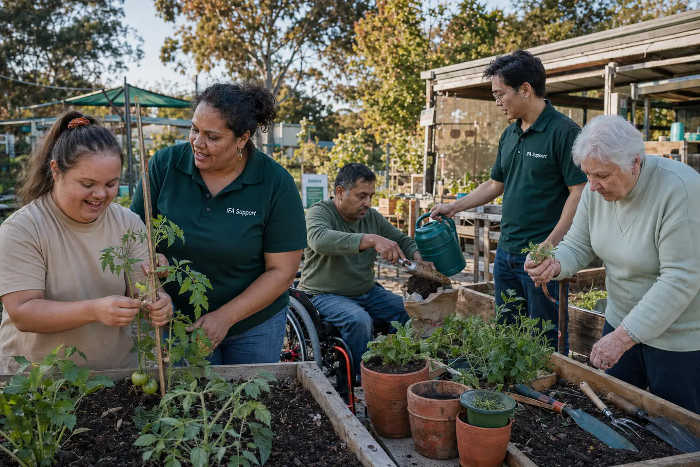 People of different ages gardening together with support workers.