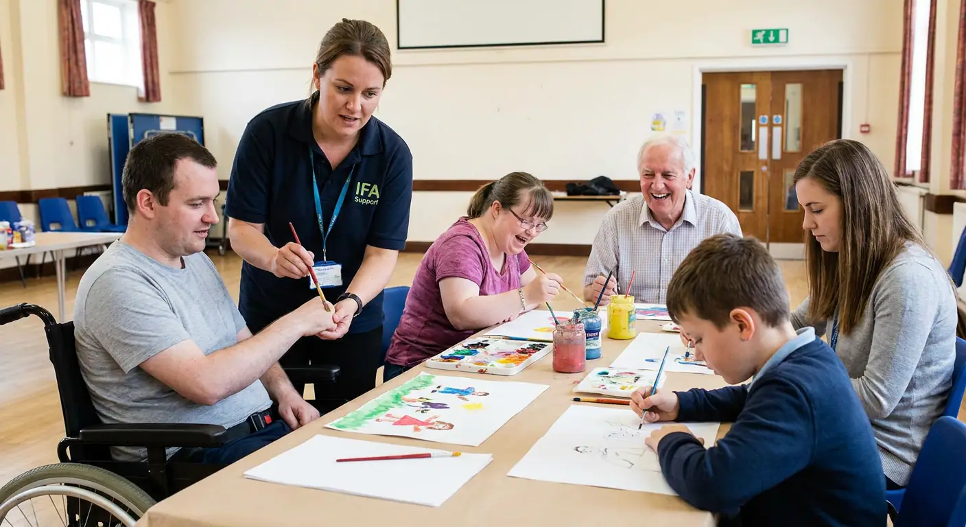 People taking part in a supported group art activity.