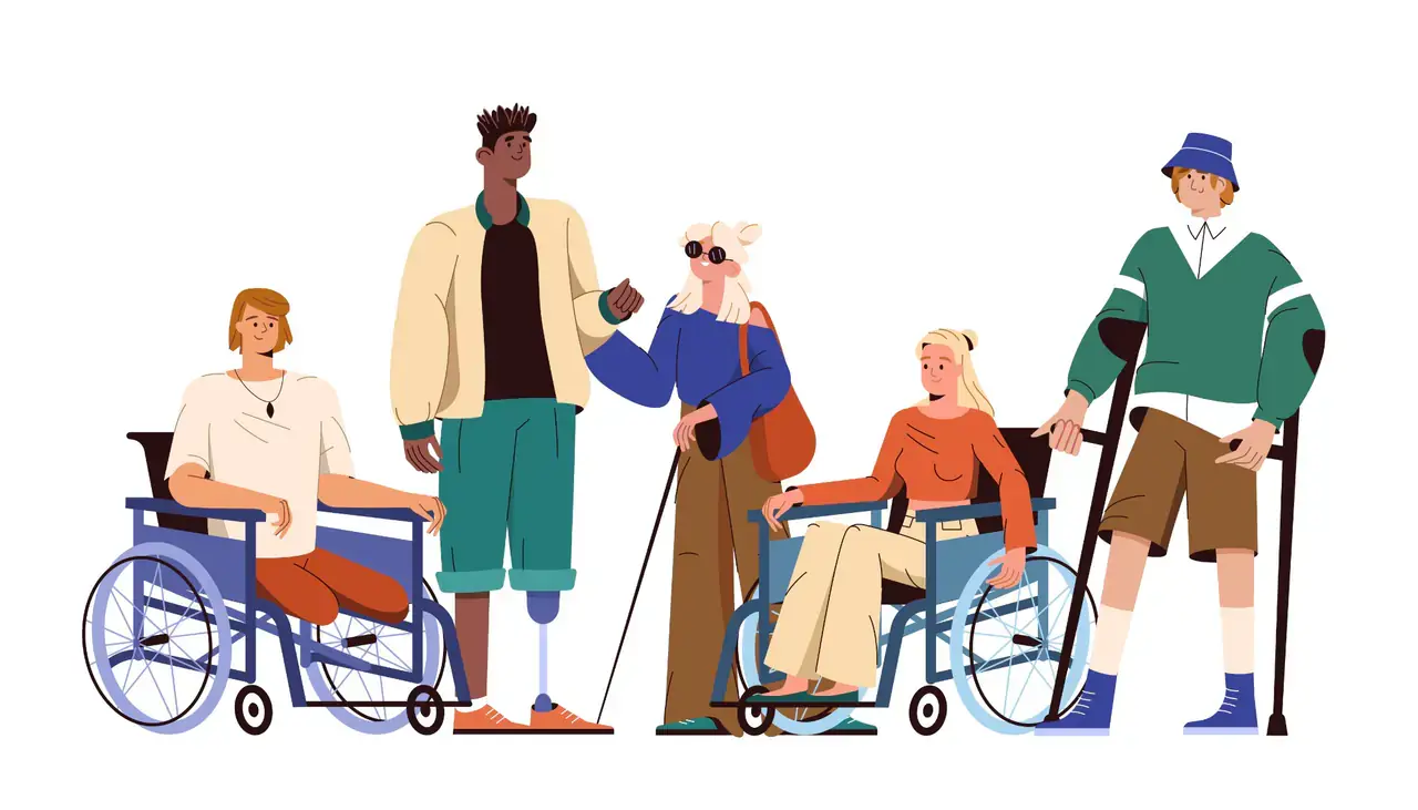 Illustration of people with different mobility aids standing together.