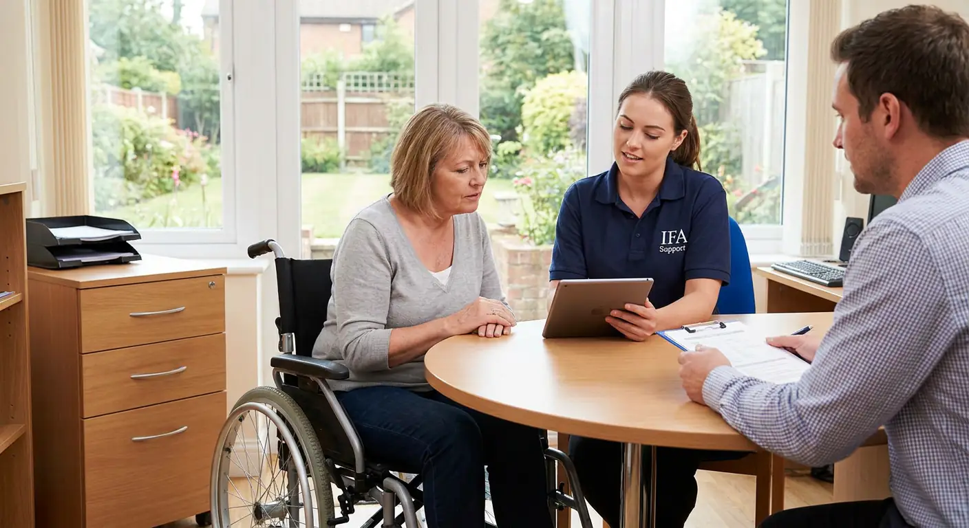 IFA support coordinator discussing a plan with a woman using a wheelchair.