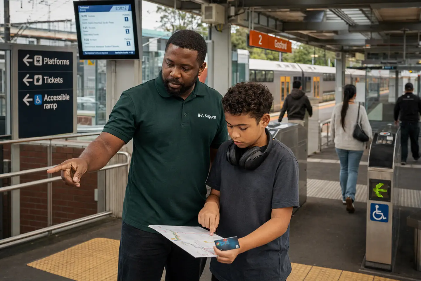 Support worker helping a young person read a public transport map at a railway station.